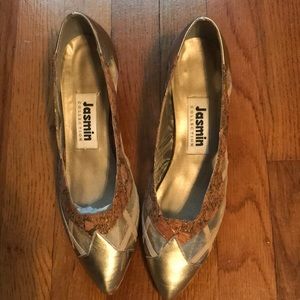 Silver unique wedges with tan, cork, and mesh accents